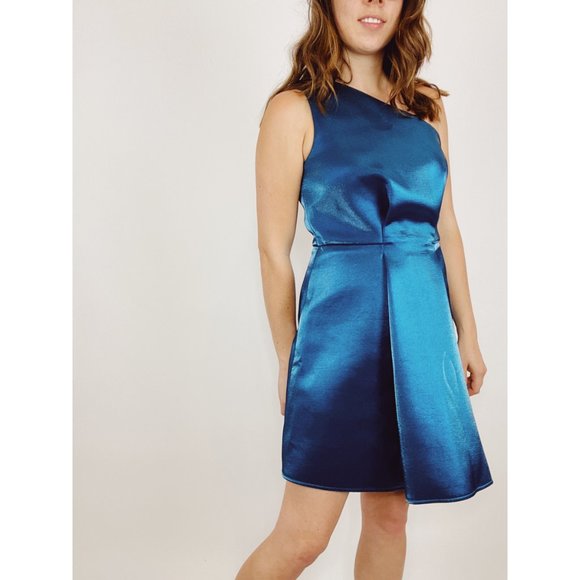 ASOS One Shoulder Teal Metallic Fit & Flare Mini Dress Size 8 - Picture 1 of 7